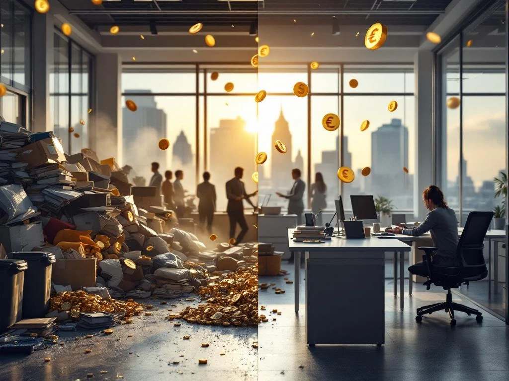 Voor-en-na vergelijking van rommelig kantoor versus schoon kantoor met Utrecht skyline, gouden munten tonen kostenbesparingen