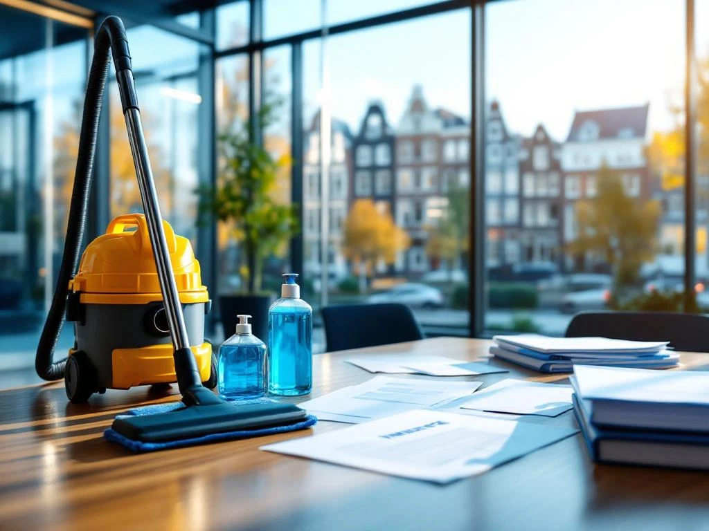 Professionele schoonmaakdienst Amsterdam kantoorgebouw met stofzuiger, microfiber doeken en verzekeringsdocumenten