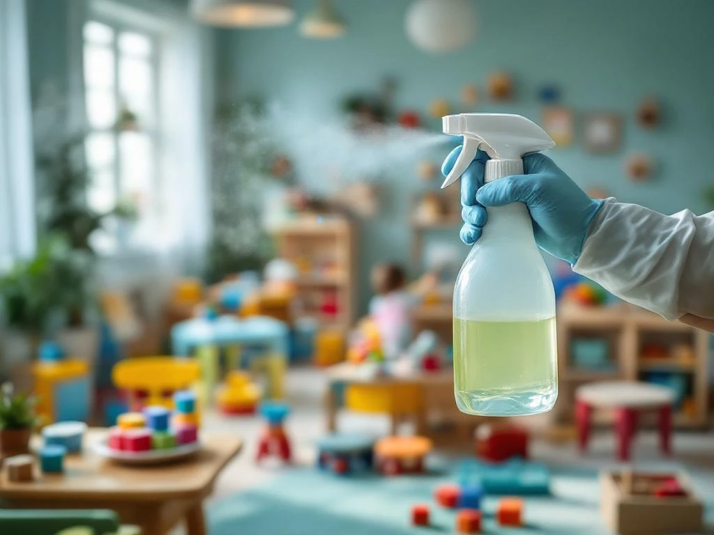 Professionele desinfectie van kinderdagverblijf met eco-vriendelijke spray op speelgoed en meubilair