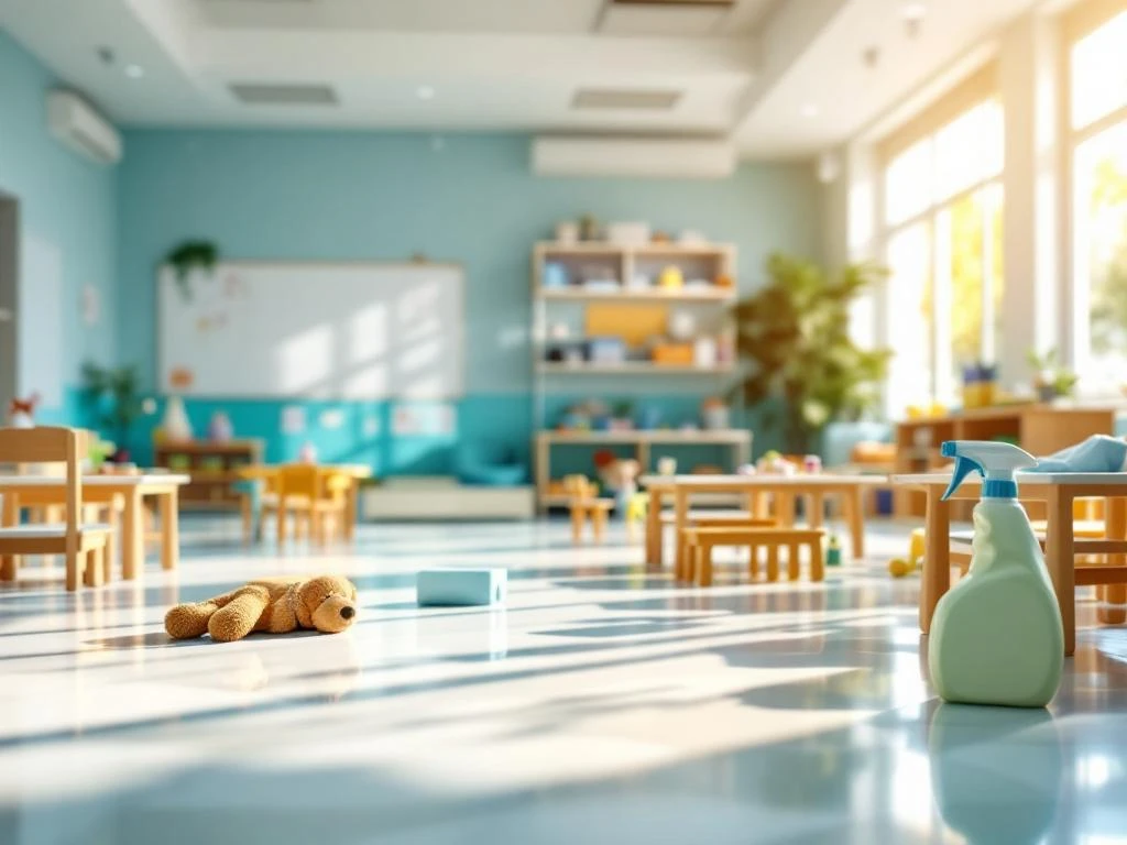 Schone kinderdagverblijf klaslokaal met gedesinfecteerde speelgoed, proper meubilair en hygiënische oppervlakken