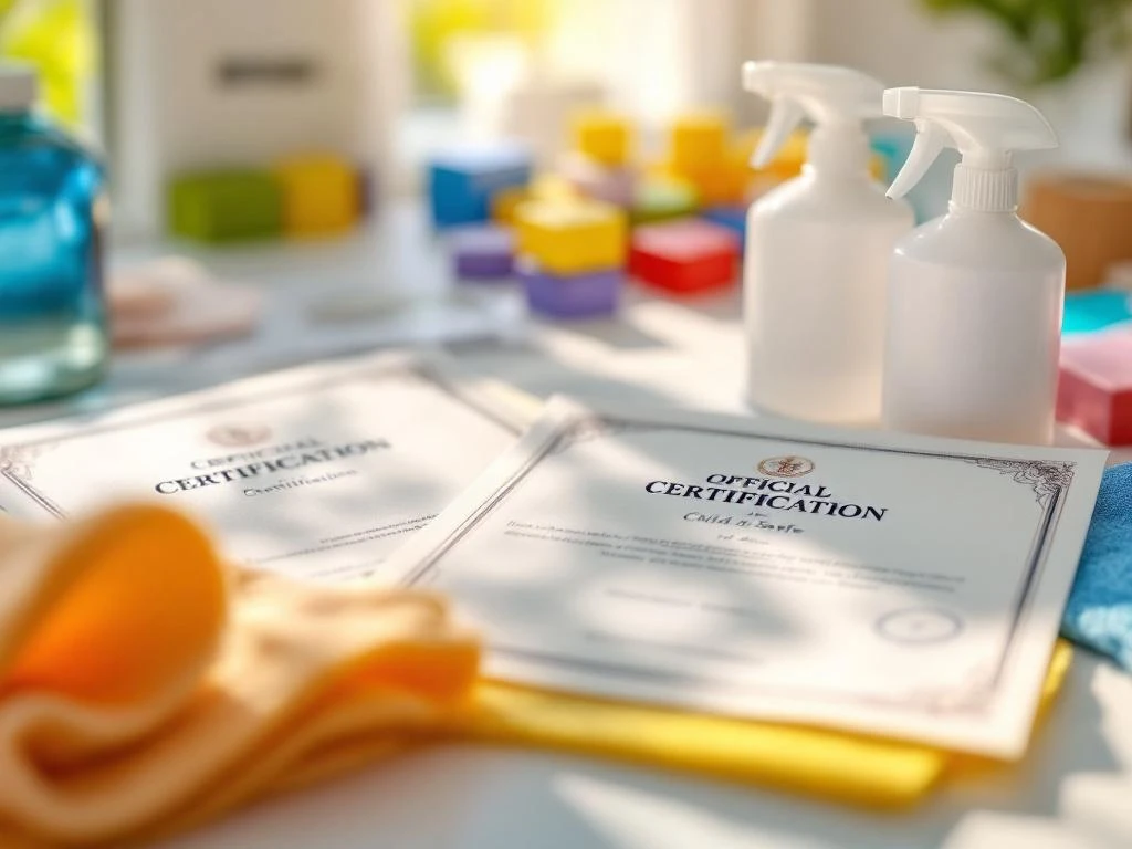 Certificaten en schoonmaakmiddelen op witte ondergrond met kinderspeelgoed op achtergrond in kinderdagverblijf