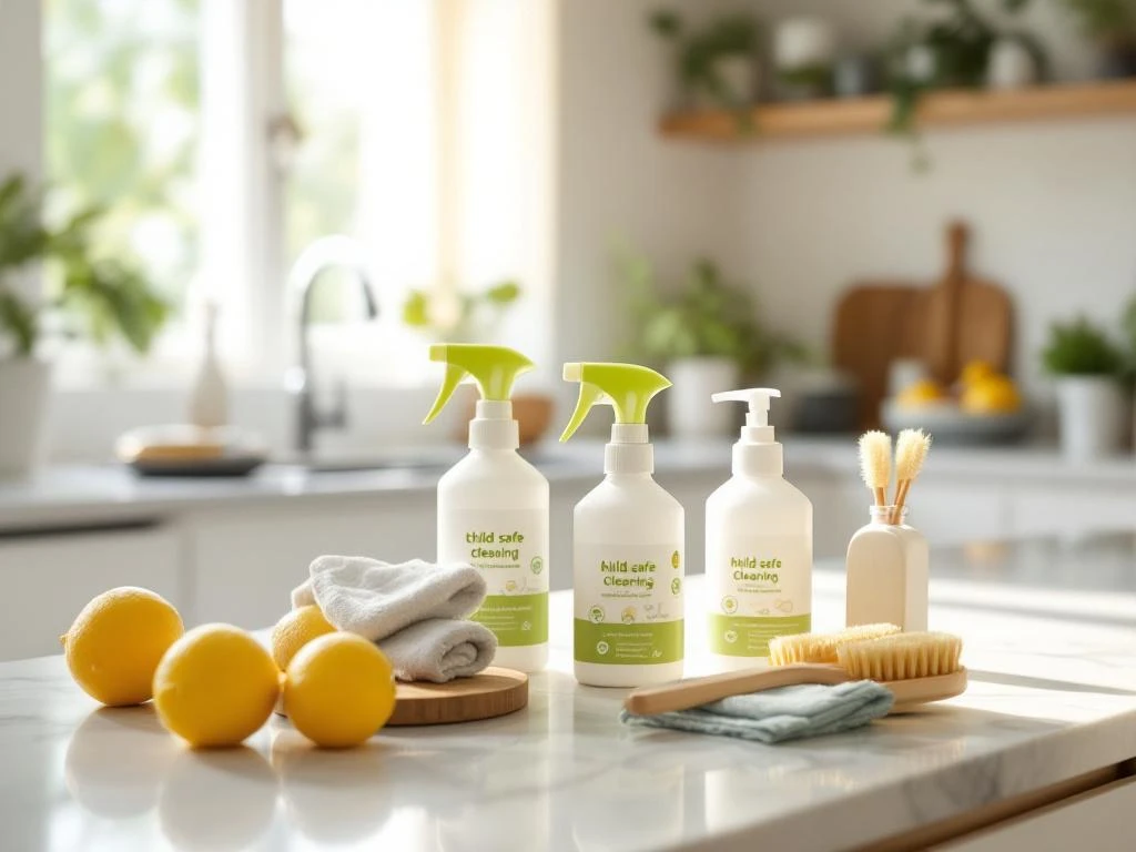 Kindveilige eco-schoonmaakproducten met groene labels op marmeren aanrecht in moderne keuken met natuurlijk licht