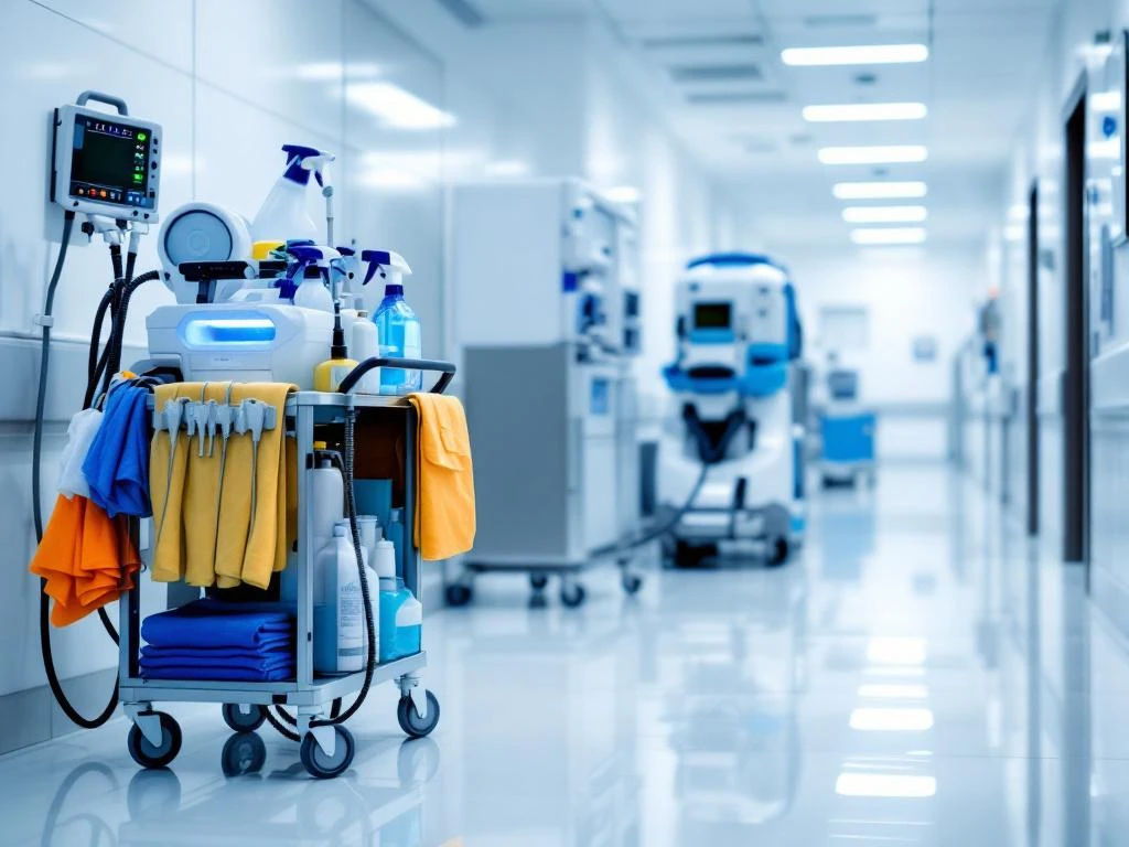 Professionele medische schoonmaakapparatuur in steriele ziekenhuisgang met desinfectietools en HEPA-filtersysteem