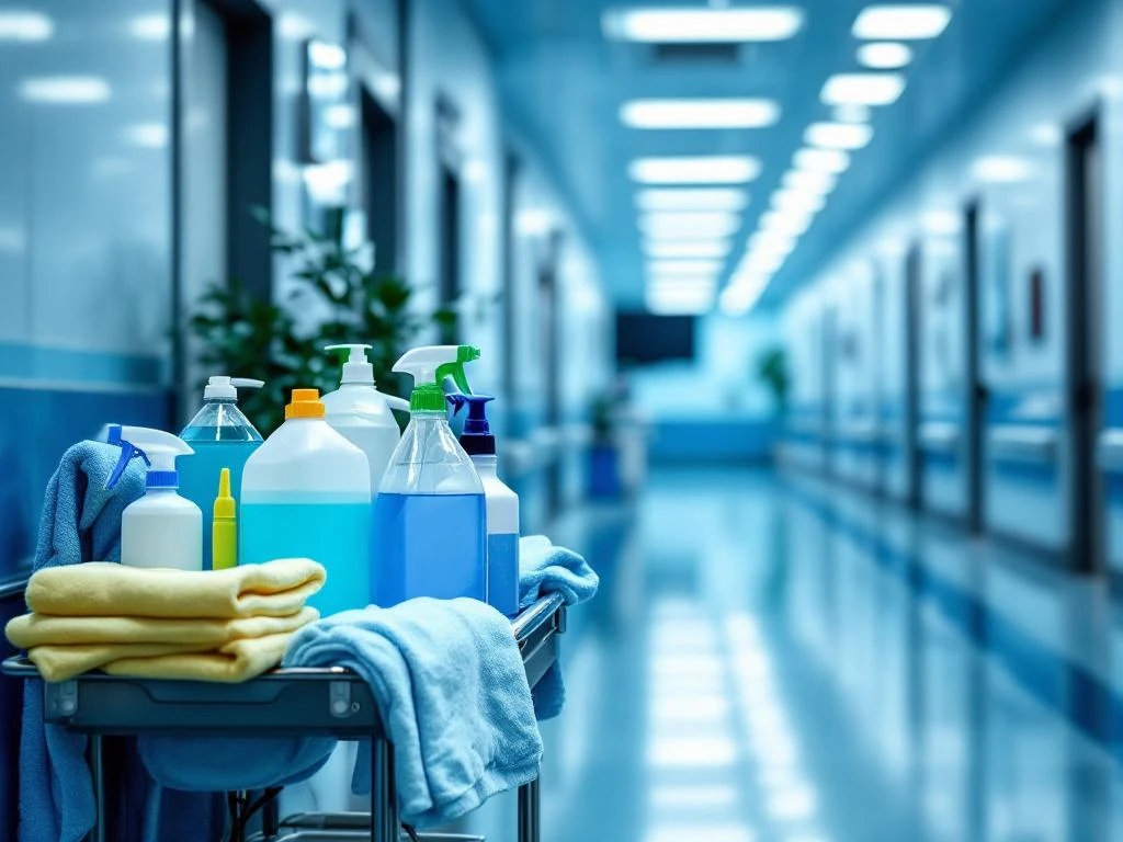 Professionele medische schoonmaakapparatuur op roestvrijstalen kar in steriele ziekenhuisgang met glanzende vloeren