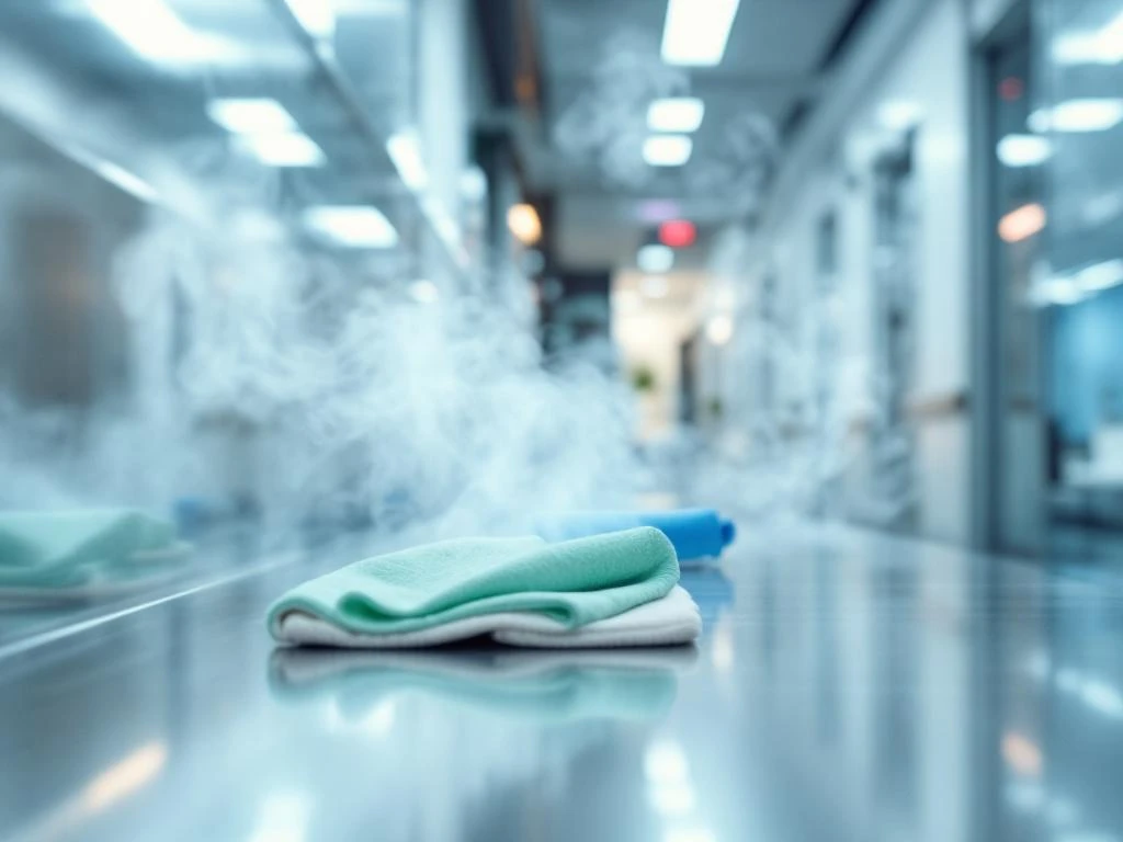 Professionele schoonmaker in beschermende kleding desinfecteert ziekenhuisgang in Den Haag met medische reinigingsapparatuur