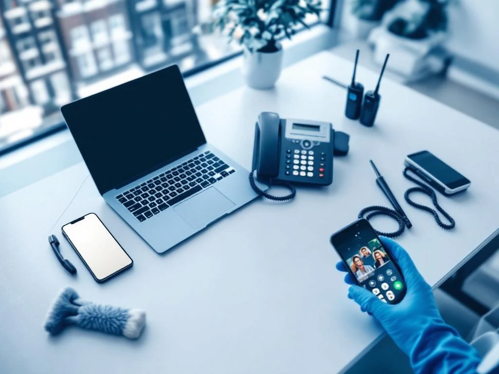 Modern bureau van bovenaf met smartphone, laptop, telefoon en schoonmaakapparatuur, Amsterdam kanalen op achtergrond