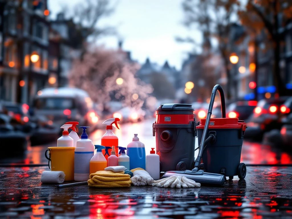 Professionele noodreiniging apparatuur met stofzuigers en schoonmaakmiddelen voor Amsterdam kanaalhuizen