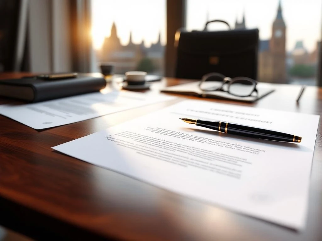 Officiële overheidsdocumenten en contracten op mahonie bureau met vulpen, Den Haag regeringsgebouwen op achtergrond