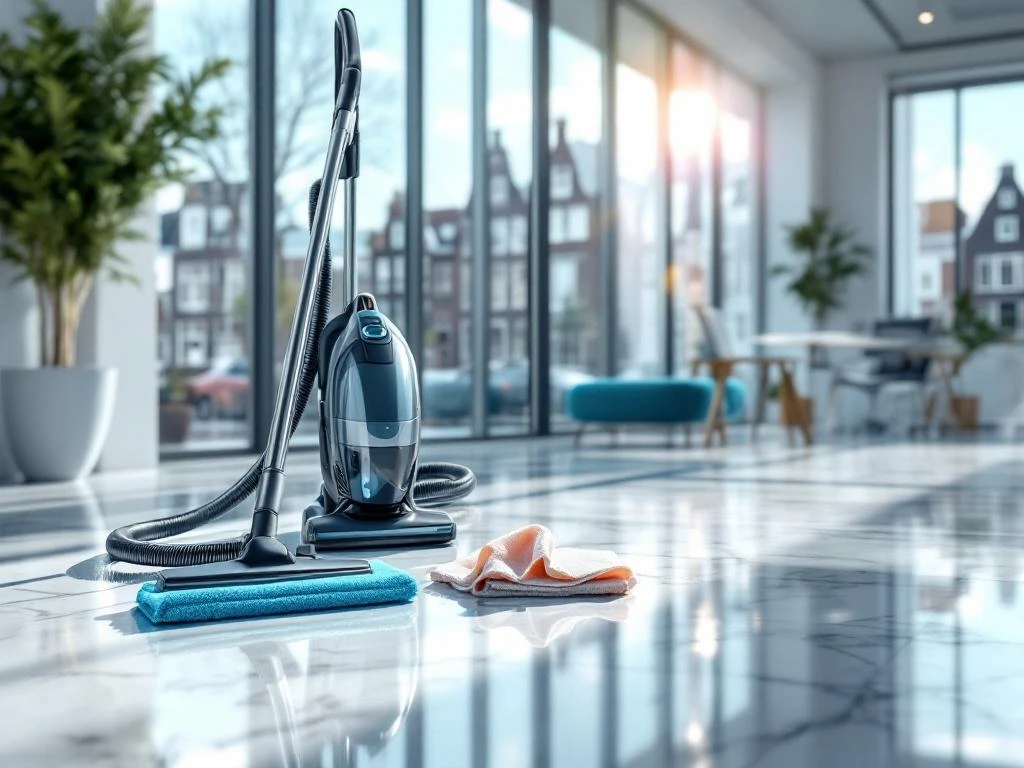 Professionele schoonmaakdienst in modern kantoor met stofzuiger en schoonmaakmiddelen, Amsterdam grachten zichtbaar