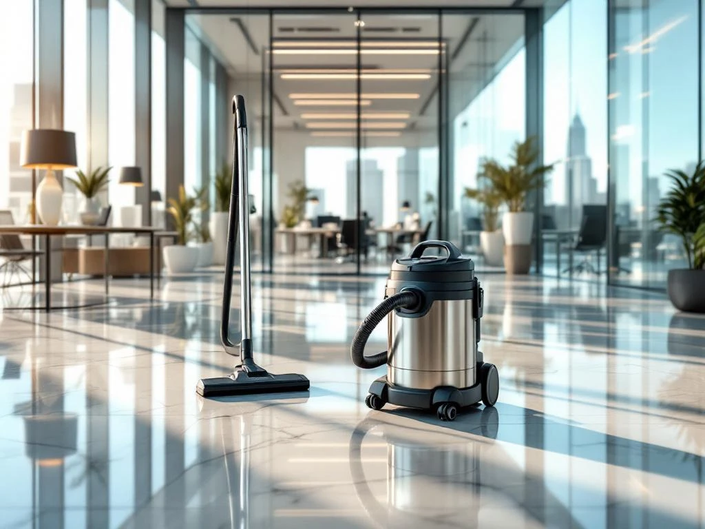 Professionele schoonmaakdienst in modern kantoor met glanzende vloeren en schoonmaakapparatuur in Amsterdam