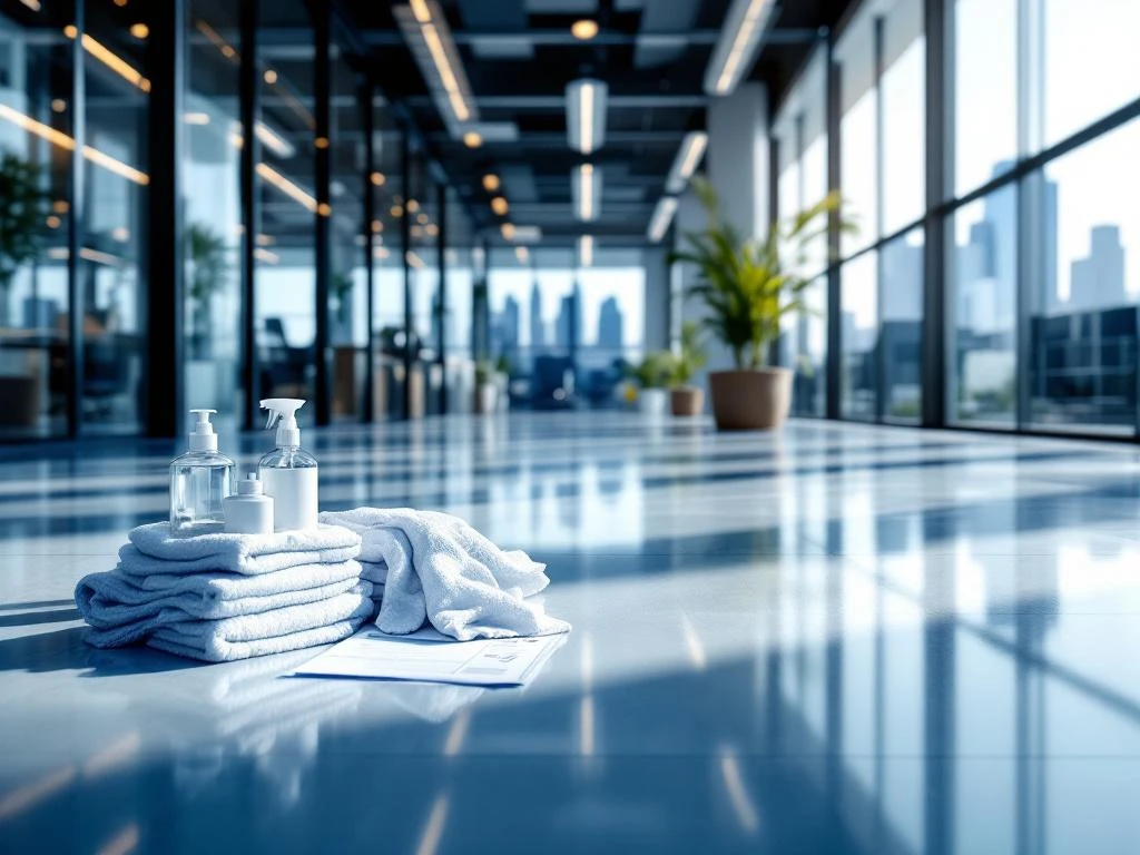 Schoon modern kantoor in Amsterdam met glanzende vloeren, professionele schoonmaakapparatuur en skyline op achtergrond