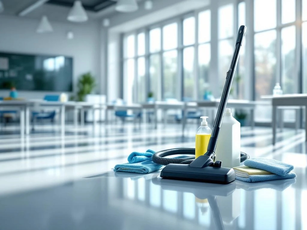 Professionele schoonmaakapparatuur in moderne klaslokaal met natuurlijk licht en glanzende vloeren