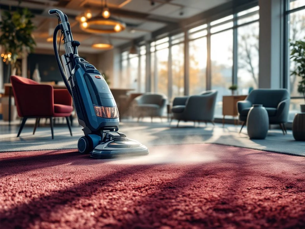 Professionele tapijtreiniging in modern kantoor Utrecht met stoomreiniger op bordeauxrood tapijt