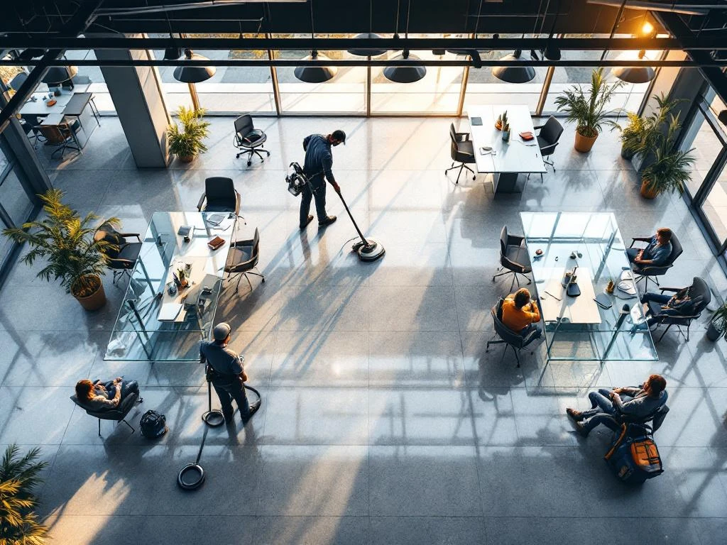 Schone moderne kantoorruimte in Utrecht na renovatie met glanzende tafels, professionele schoonmaakapparatuur en natuurlijk licht