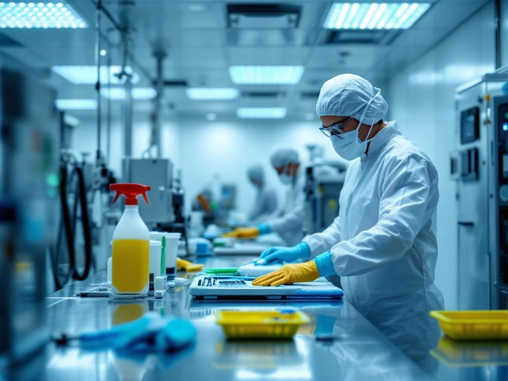 Schoonmaaktechnicus in beschermende kleding onderhoudt steriele cleanroom met gespecialiseerde apparatuur