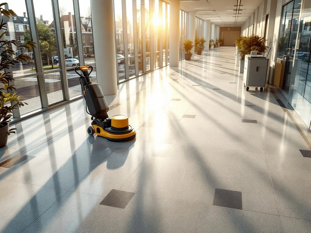 Professionele schoonmaakapparatuur in glanzende schoolgang van modern Amsterdam onderwijsgebouw met glazen ramen