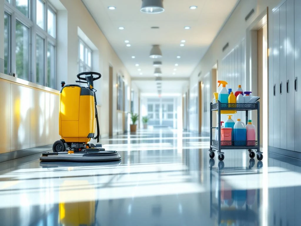 Schone schoolgang met professionele schoonmaakapparatuur, gele boenmachine en schoonmaakwagen bij glanzende vloeren