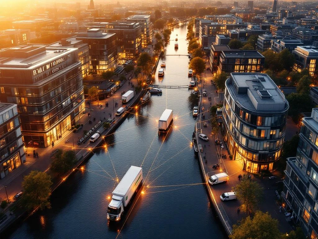 Luchtfoto van Amsterdam's grachten met kantoorgebouwen en schoonmaakvoertuigen bij commerciële locaties tijdens gouden uur