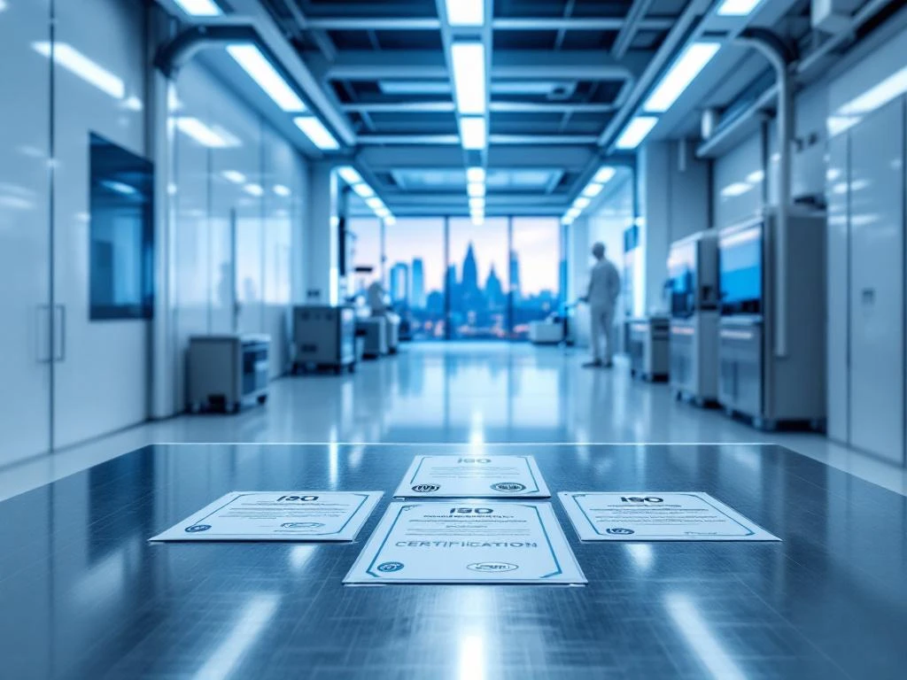 ISO-certificeringsdocumenten op stalen oppervlak in steriele cleanroom met professionele reinigingsapparatuur, Amsterdam