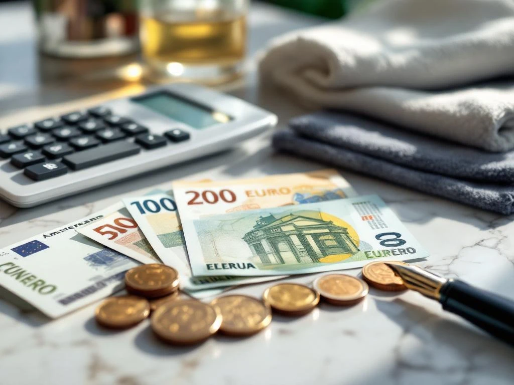 Euro bankbiljetten en munten op marmeren oppervlak met rekenmachine, pen en professionele schoonmaakmiddelen op achtergrond