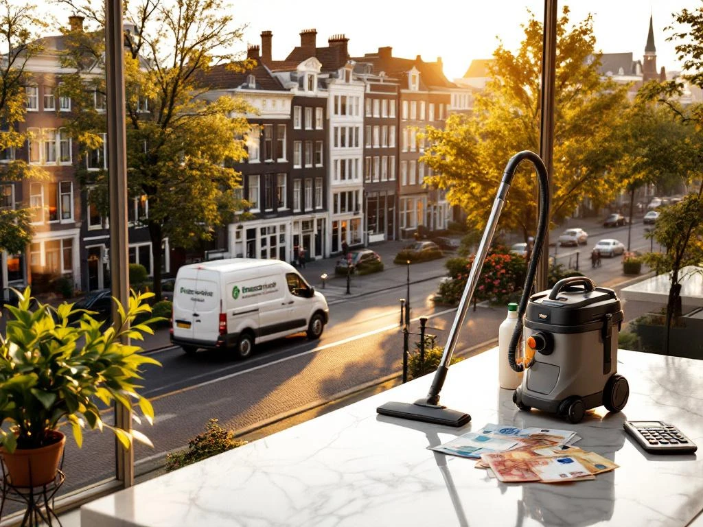 Professionele schoonmaakwagen bij Amsterdamse grachtenpanden met schoonmaakapparatuur en kostenberekening op voorgrond