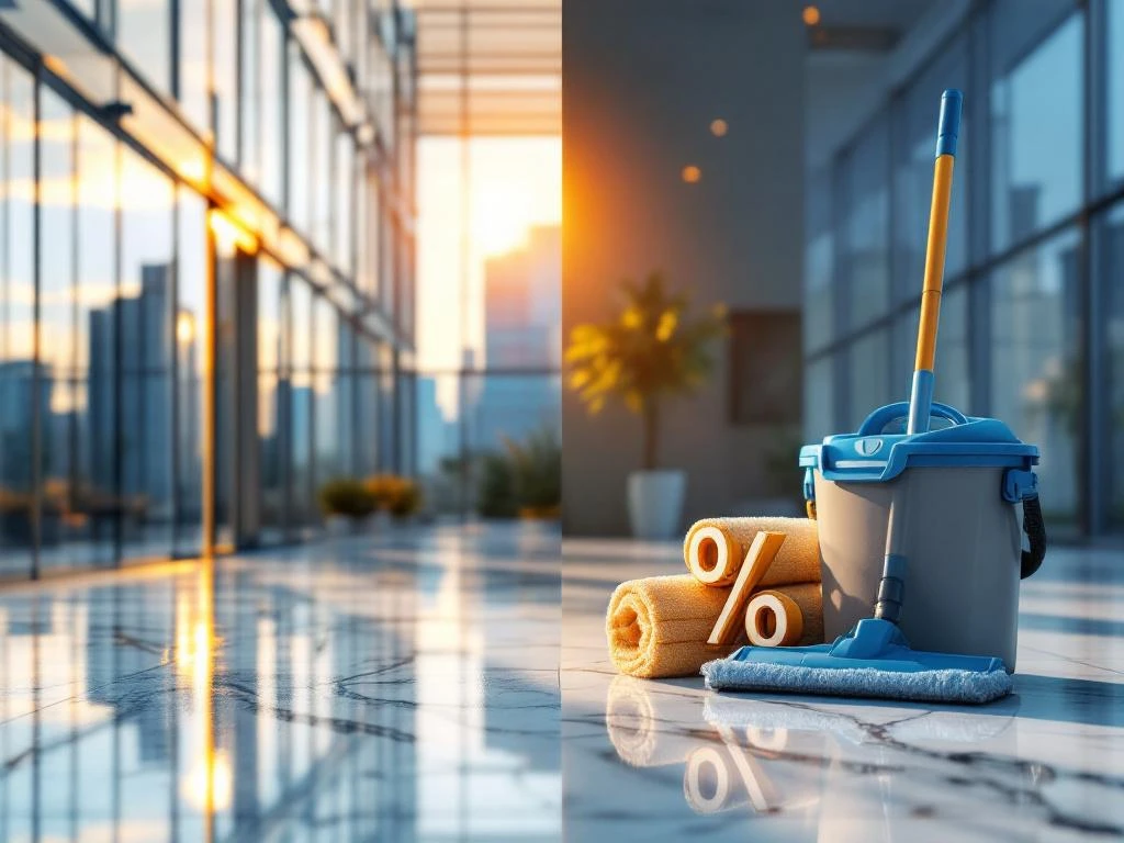 Schoon Utrecht kantoorgebouw met professionele schoonmaakapparatuur en kostenbesparende percentagesymbolen