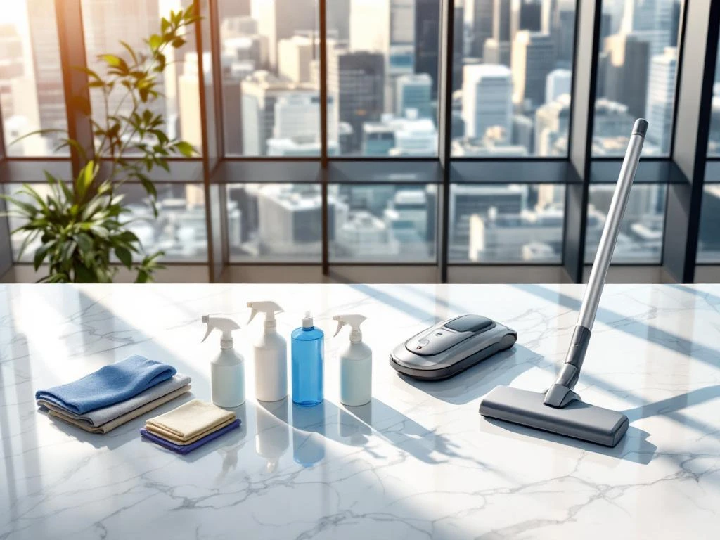 Professionele schoonmaakapparatuur op marmeren oppervlak met modern Utrecht kantoorgebouw op achtergrond