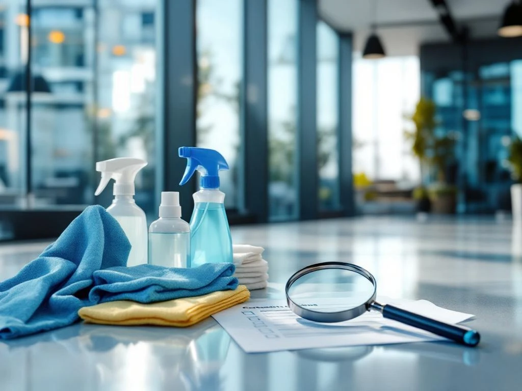 Schoon modern kantoorgebouw in Den Haag met professionele schoonmaakapparatuur en kwaliteitscontrolelijst op voorgrond