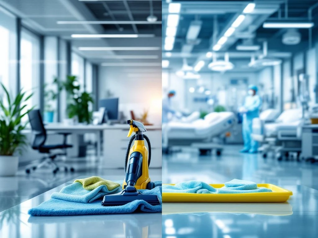 Schoonmaakdiensten Den Haag: kantooromgeving met stofzuiger links, medische faciliteit met desinfectieapparatuur rechts