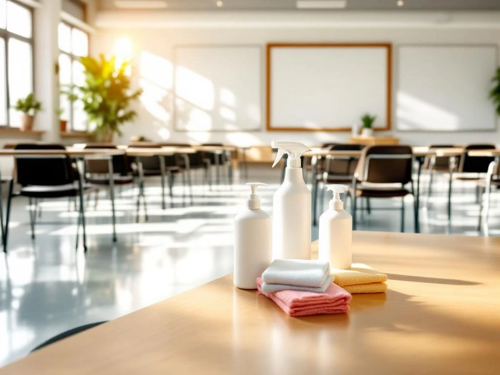 Schone klaslokaal met rijen bureaus, grote ramen met ochtendlicht en professionele schoonmaakmiddelen op voorgrond