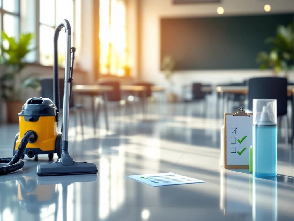 Schoon modern klaslokaal met professionele schoonmaakapparatuur en eco-vriendelijke producten in natuurlijk zonlicht