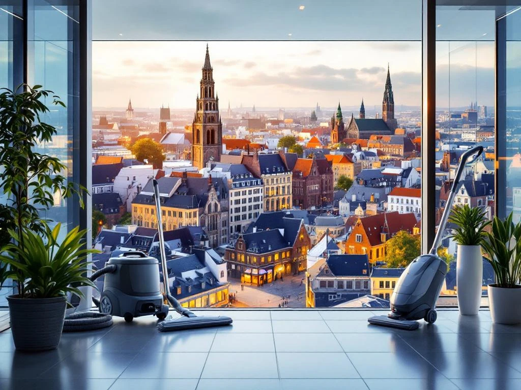 Professionele schoonmaakdienst Utrecht met Dom Toren op achtergrond, moderne stofzuigers en duurzame schoonmaakmiddelen