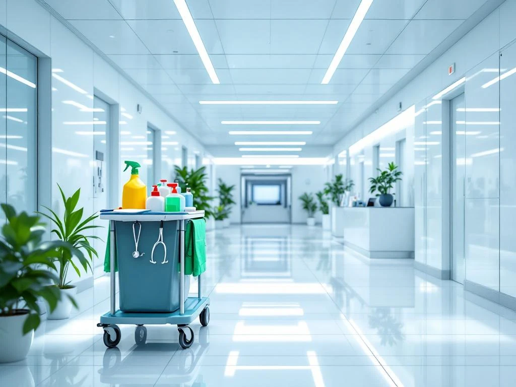 Schone moderne ziekenhuisgang met professionele schoonmaakwagen, medische apparatuur en duurzame groene accenten