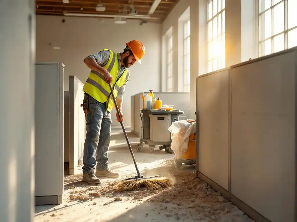 Bouwvakker in veiligheidsvest veegt puin tussen kantoorboxen tijdens renovatie, gereedschap en schoonmaakmiddelen nabij
