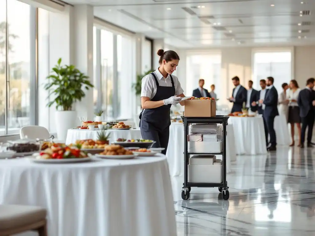 Professionele kantoorruimte tijdens bedrijfsevenement met cateringtafels, schoonmaakprofessional en zakenpeople