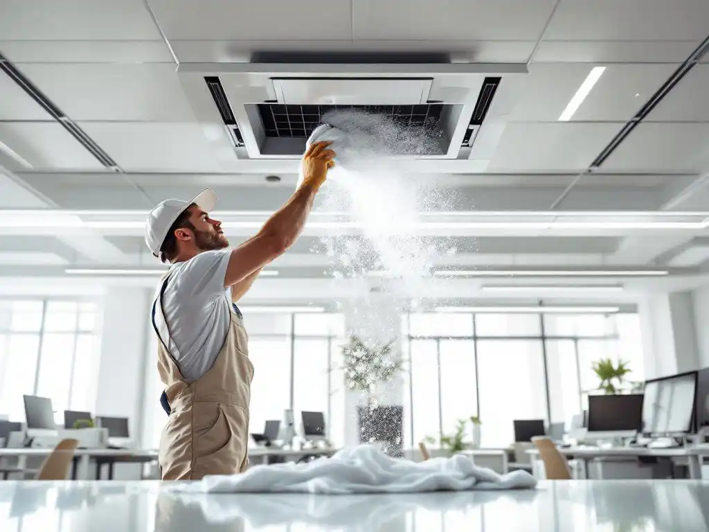 Onderhoudsmedewerker reinigt ventilatierooster in modern kantoor, verzamelt stof op doek, schone werkplekken zichtbaar