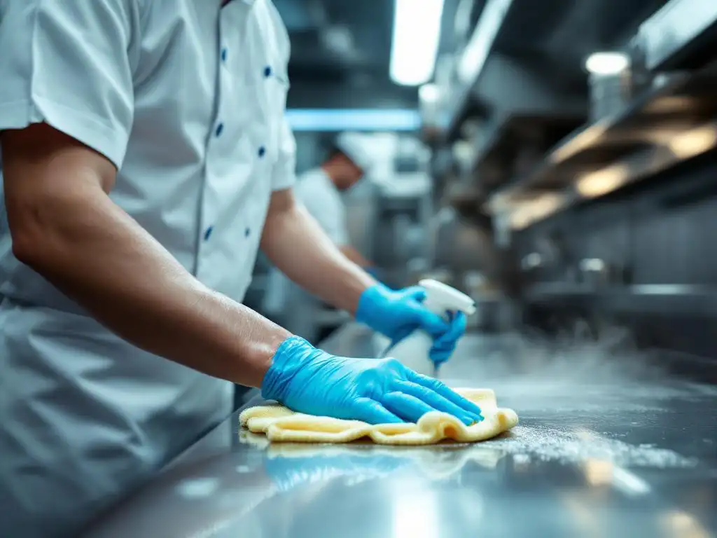 Professionele keukenmedewerker in wit uniform reinigt roestvrijstalen werkblad met microvezeldoek in commerciële keuken