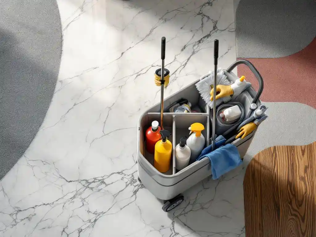 Professionele schoonmaakkar op marmeren vloer met microvezelmops en sprays, handen selecteren gereedschap