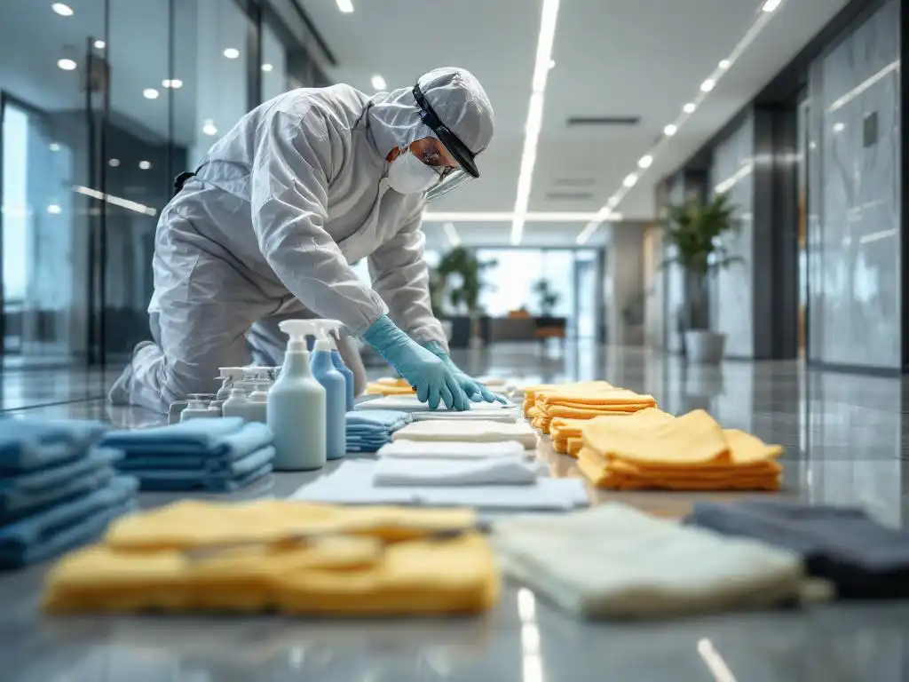 Professionele schoonmaker organiseert desinfectiemiddelen en doeken in moderne kantoorlobby met glazen wanden