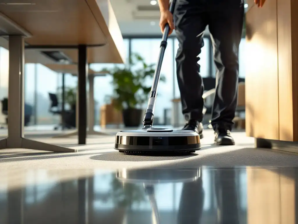 Robotstofzuiger en professionele schoonmaker werken samen in modern kantoor met natuurlijk daglicht