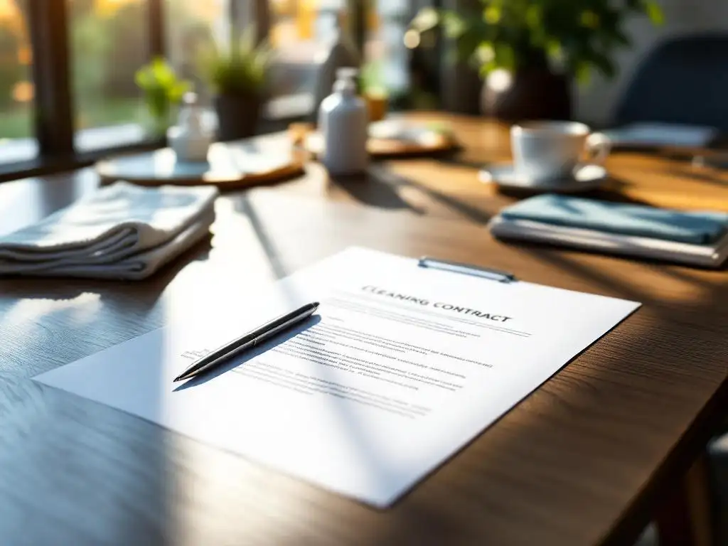Schoonmaakcontract op vergadertafel met pen op handtekeninglijn, omgeven door schoonmaakbenodigdheden in kantoor